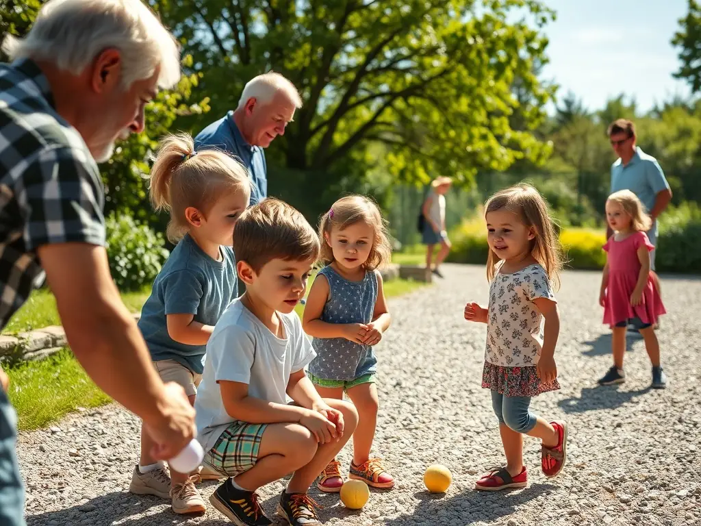 An image of a pétanque tournament in progress, with players focused and spectators cheering, capturing the competitive spirit and excitement of the event.