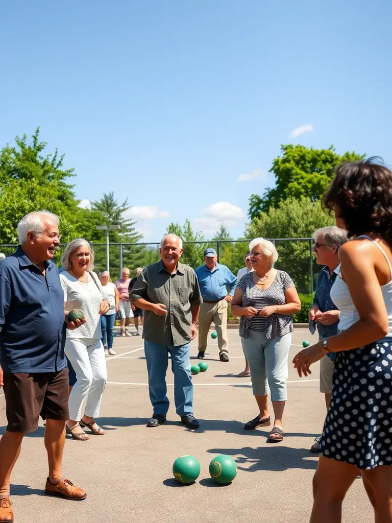 A picture of club volunteers setting up a pétanque court for a community event, highlighting the club's commitment to community outreach.