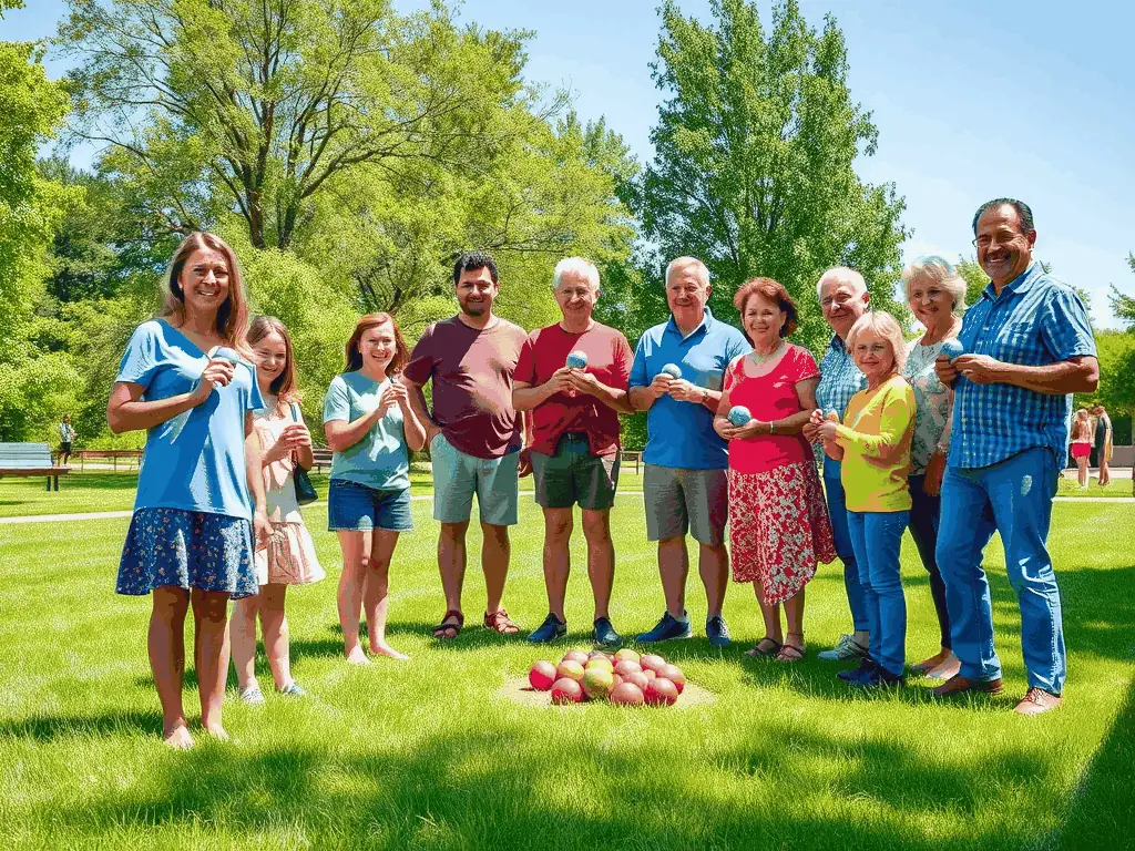 A vibrant image of club members participating in a friendly pétanque match on a sunny afternoon, showcasing the camaraderie and fun of the sport.