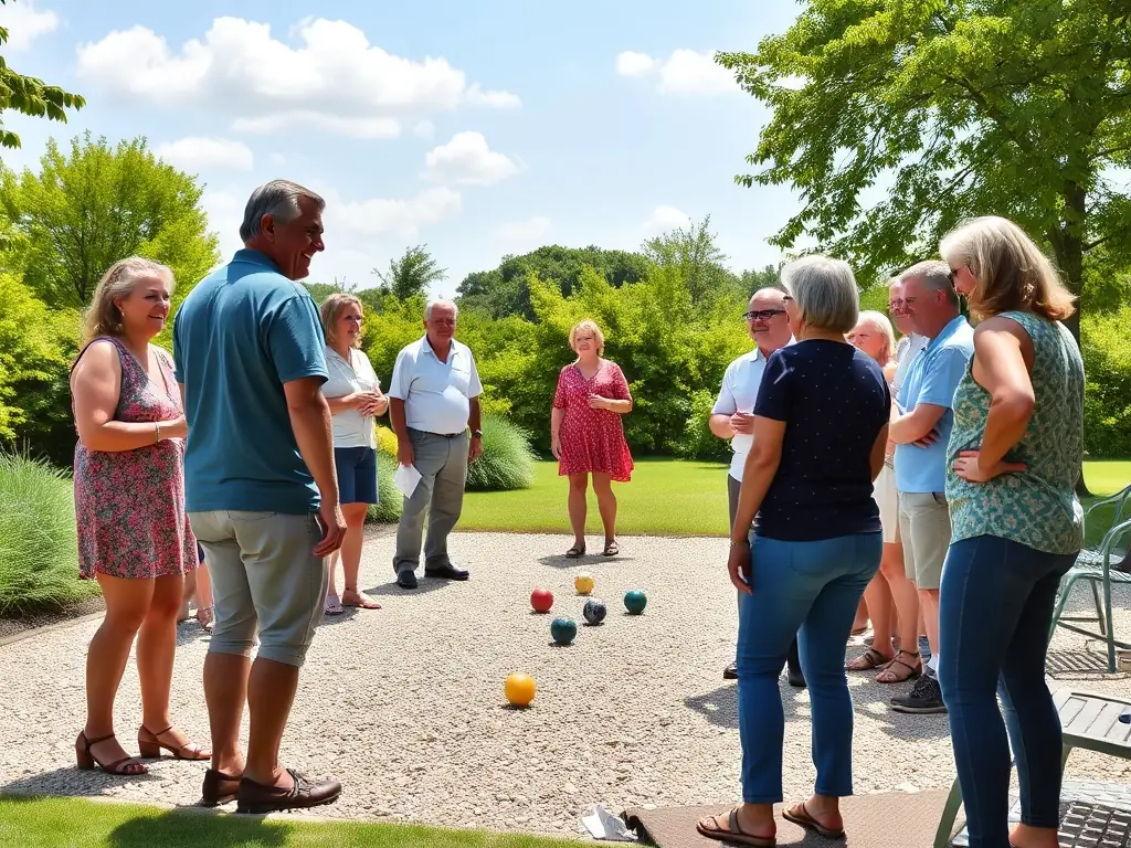 A scenic image of a pétanque court with the French countryside in the background, emphasizing the outdoor and recreational aspect of the sport.