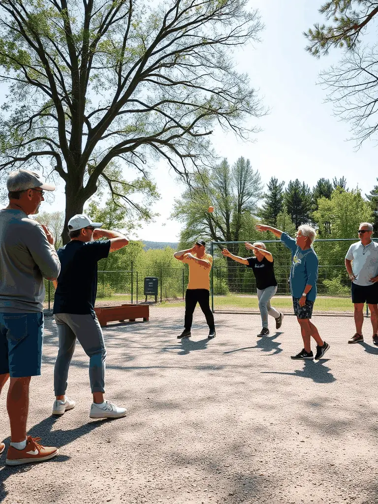 A photograph capturing a group of children learning the basics of pétanque from a club member, showcasing the club's youth engagement program.