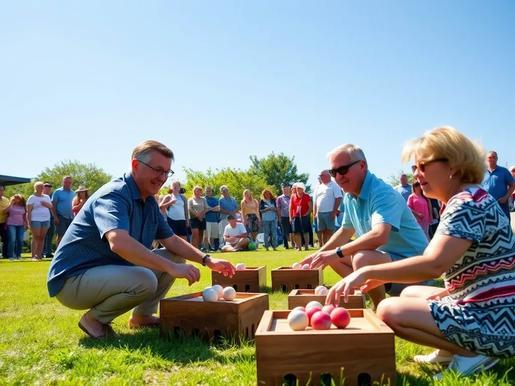 A group of people of various ages playing pétanque in a park, focusing on the camaraderie and community aspect of the game.
