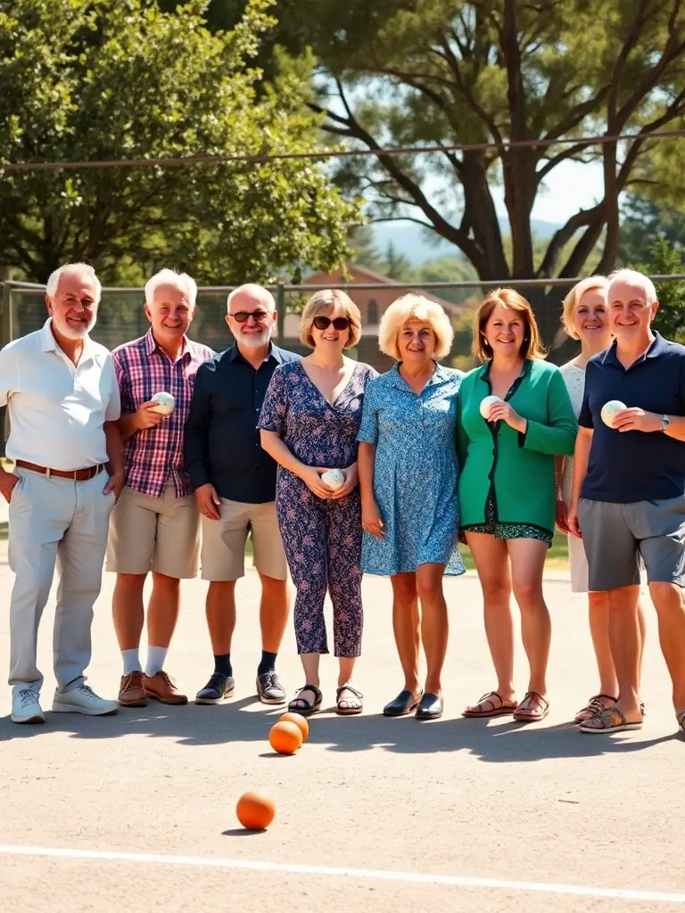 A photo of senior club members enjoying a game of pétanque, illustrating the club's inclusivity and appeal to all age groups.